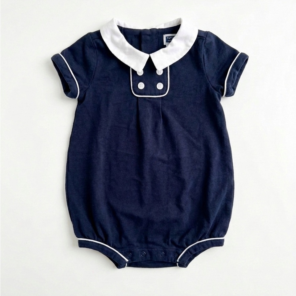 Janie and Jack Sailor Linen Navy Romper with White Trim